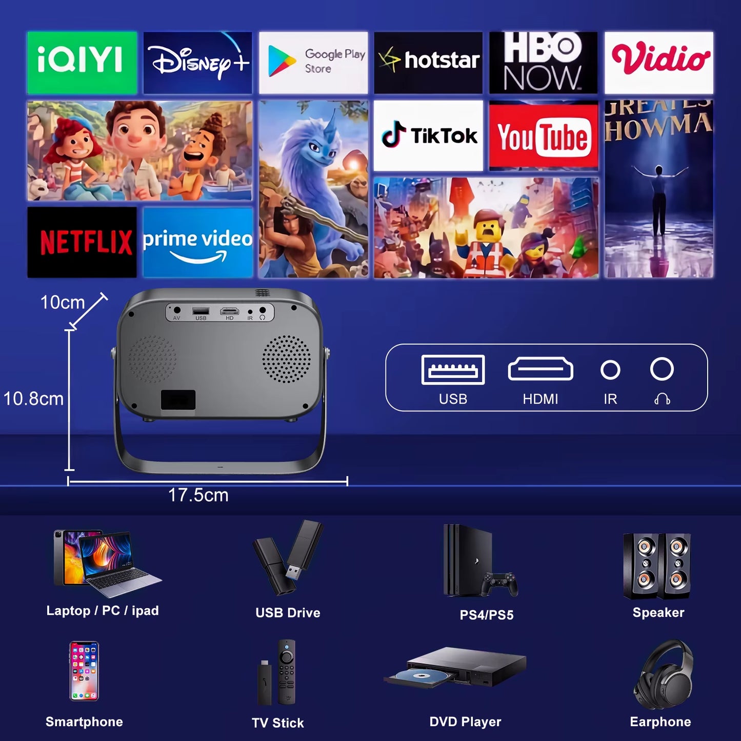 Mini Projector P28B Home Theater Android 11 BT5.2 WIFI Free-Style Placement Projection Support Smartphone Same Screen